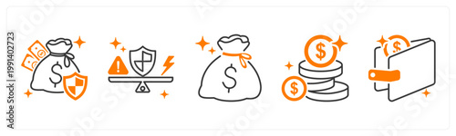 A set of 5 mix icons as financial security, risk managament, money bag