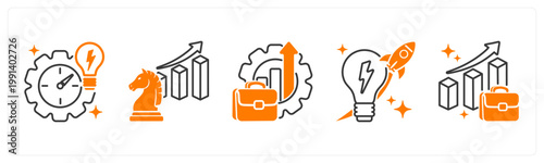 A set of 5 mix icons as efficiency, competitive advantage, productivity