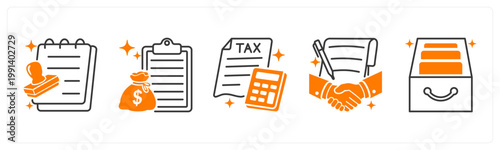 A set of 5 mix icons as loan approval, loan, tax