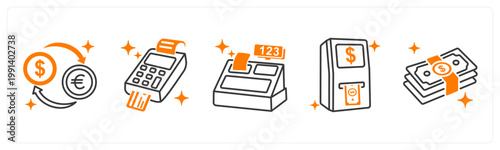 A set of 5 mix icons as currency exchange, pos machine, cash register