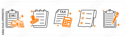 A set of 5 mix icons as emi payment, loan approval, tax