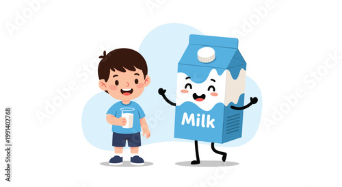 Cheerful young boy holding a glass of fresh milk standing next to a happy personified milk carton mascot character.