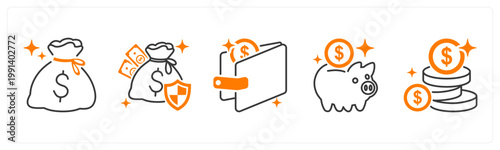 A set of 5 mix icons as money bag, financial secrurity, wallet