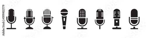 Vintage style microphone icons for broadcasting and podcasting set against a white background for easy editing use.