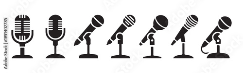 Dynamic microphone icons on stands for stage performance and studio recording professional audio equipment symbols.