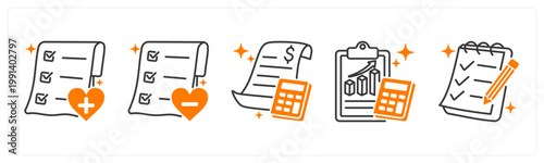 A set of 5 mix icons as add to wishlist, remove from wishlist, bill