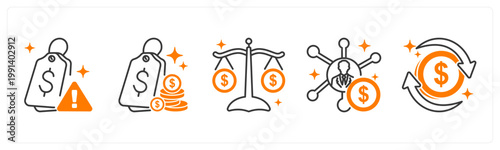 A set of 5 mix icons as price alert, lowest price price comparison