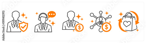 A set of 5 mix icons as verified buyer, chat support, affiliate