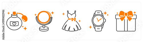 A set of 5 mix icons as perfume, mirror, dress