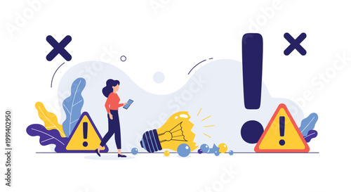 Young woman walking through broken lightbulb and warning symbols representing creative block and failure concept.