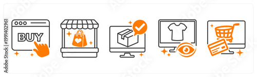 A set of 5 mix icons as purchase, vendor store, order confirmation