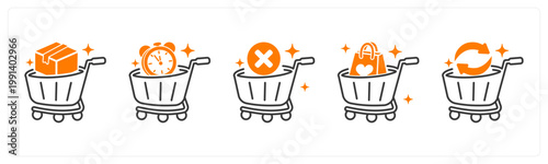A set of 5 mix icons as bulk order, pre order, remove from cart