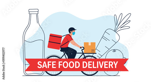 Courier wearing mask delivering fresh food and groceries on bicycle with milk and vegetable outlines in background.