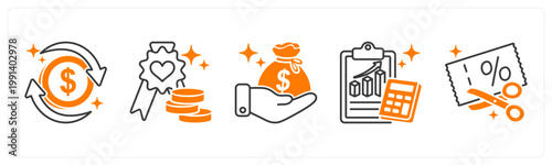 A set of 5 mix icons as cashback, loyalty points, revenue