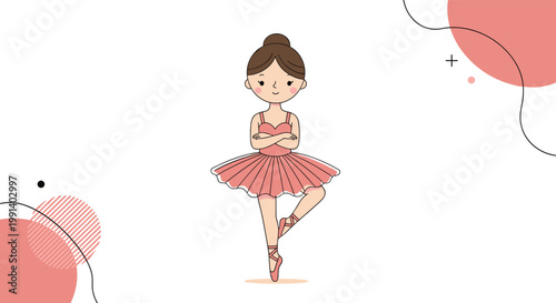 Adorable little ballerina girl wearing pink tutu and dancing shoes in graceful pose with geometric background.