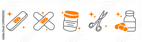 A set of 5 mix icons as bandage, sample container, surgical scissors