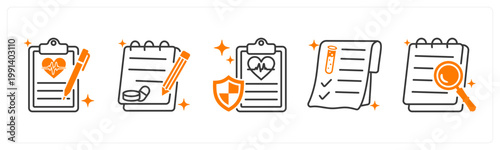 A set of 5 mix icons as medical report, prescription, health insurance