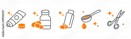 A set of 5 mix icons as ointment tube, antibiotics, inhaler