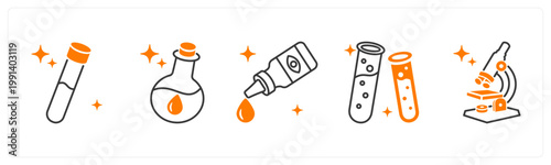 A set of 5 mix icons as blood sample, chemical bottle, eye drops