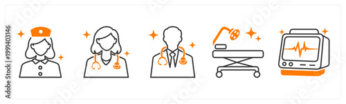 A set of 5 mix icons as nurse, female doctor, male doctor