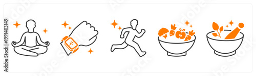A set of 5 mix icons as meditation, fitness tracker, running
