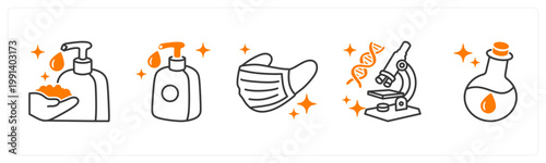 A set of 5 mix icons as sanitizer bottle, surgical mask, gene testing