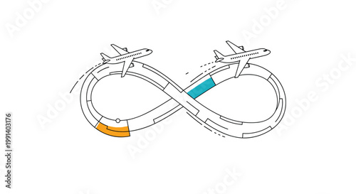 Two commercial airplanes flying on endless infinity loop track symbolizing global travel and continuous transport.