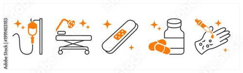 A set of 5 mix icons as iv drip, operation theatre, bandage