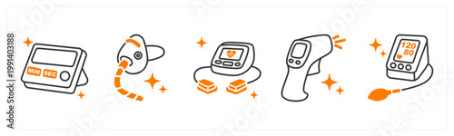 A set of 5 mix icons as lab timer, oxygen mask, defibrillator
