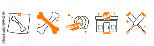 A set of 5 mix icons as xray, bones, ct scan