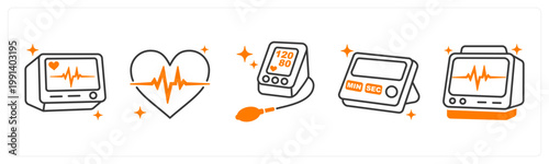 A set of 5 mix icons as ecg monitor, pulse heartbeat, blood pressure monitor