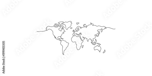 A black line drawing of a world map on a white background