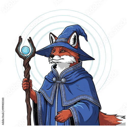 Anthropomorphic fox wizard holding a magical staff.