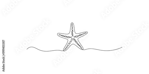 A delicate line drawing of a starfish partially buried in the sand on a white background