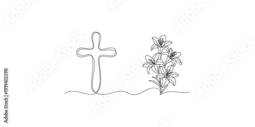 A minimalist line drawing of a cross and lilies on a simple wavy ground