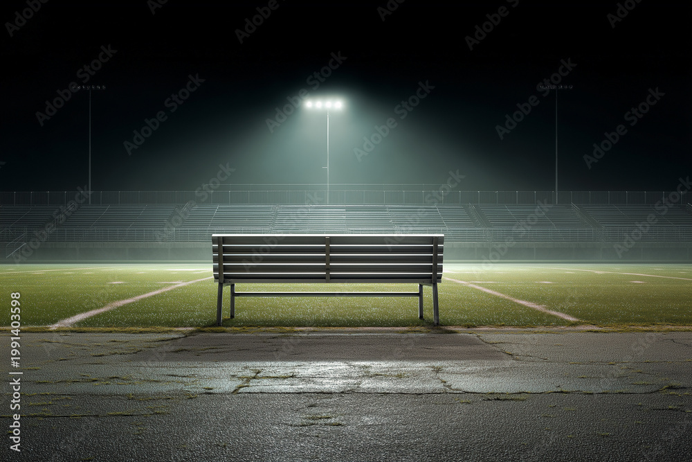 Obraz premium Empty wooden bench on a sports stadium at night under bright spotlights. Atmospheric view of an American football field with bleachers and fog, concept of loneliness or waiting