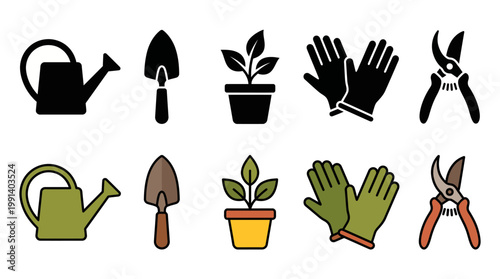 Collection of gardening tools and supplies, including watering can, trowel, potted plant, gloves, and pruning shears