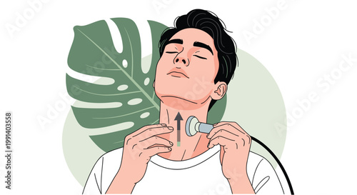 Young man receiving professional neck massage or therapeutic skin treatment with modern electronic beauty device.