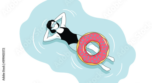 Relaxed woman in black swimsuit floating on pink donut inflatable ring in swimming pool on bright summer day.
