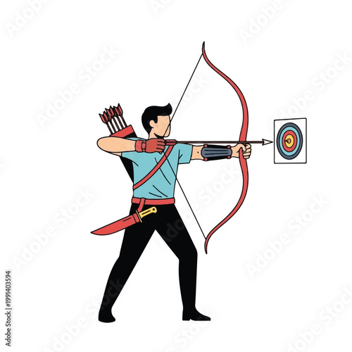 Archer aiming bow and arrow at target during competition.