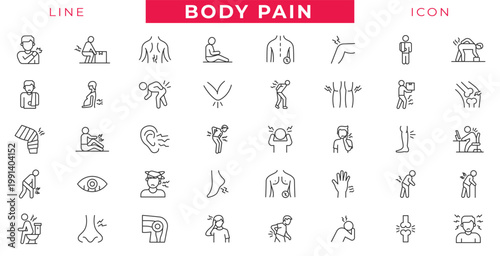 Body Pain Line Icons Set. Body Pain and Injury, Human Anatomy Medical Symptoms Vector icon Collection