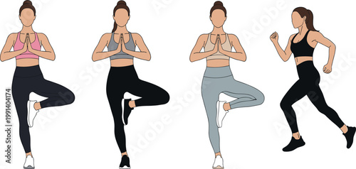 Fitness woman workout poses set with balance yoga stance and running exercise healthy lifestyle vector illustration collection