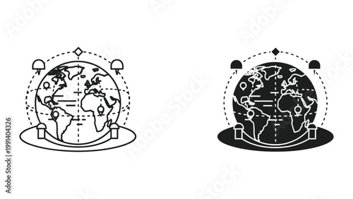 Black and white globe icons with satellite dishes on a white background