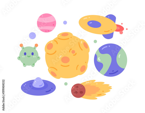 collection of space themed clipart illustrations or stickers. Moon, aliens, Earth, planets, rockets, meteors or asteroids, and UFOs. Symbols, icons, elements, cute cartoon flat style. White background