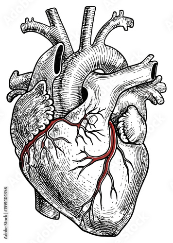 Human heart anatomy with highlighted coronary arteries and veins