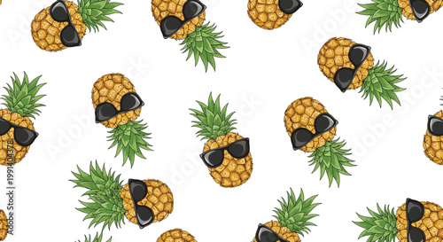 Fun seamless pattern featuring cartoon pineapples wearing black sunglasses scattered over a plain white background.