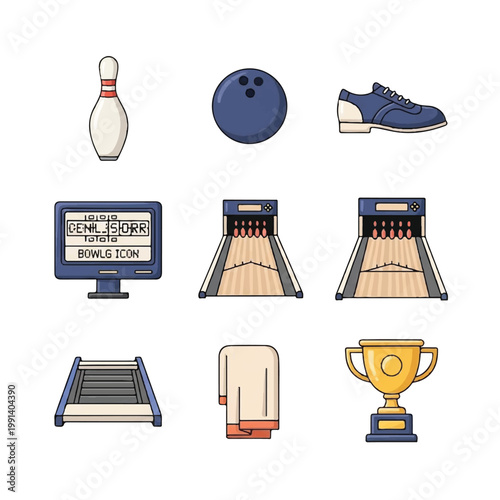Bowling equipment icons set for sports game.