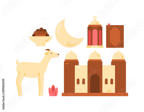 A collection of clipart illustrations or stickers on the theme of Eid al Adha. a bowl of dates, lanterns, crescent moon, Koran, goat, and mosque. Celebrations and holidays. Symbols, icons, elements