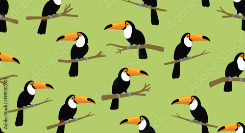 Colorful seamless pattern showing toucan birds perched on brown branches against a soft green background for kids.