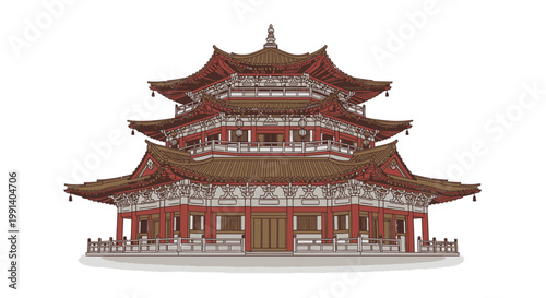Traditional Asian Pagoda Architecture Detailed Illustration